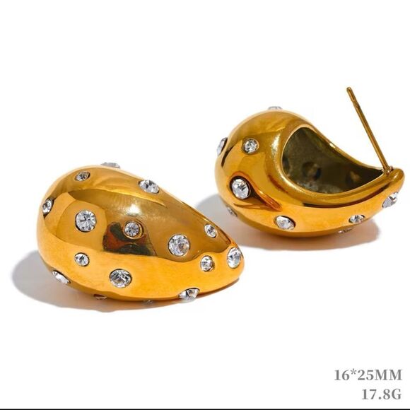 Golden Teardrop Stud Earrings with Crystals. Bloggers favourite - Picture 1 of 9